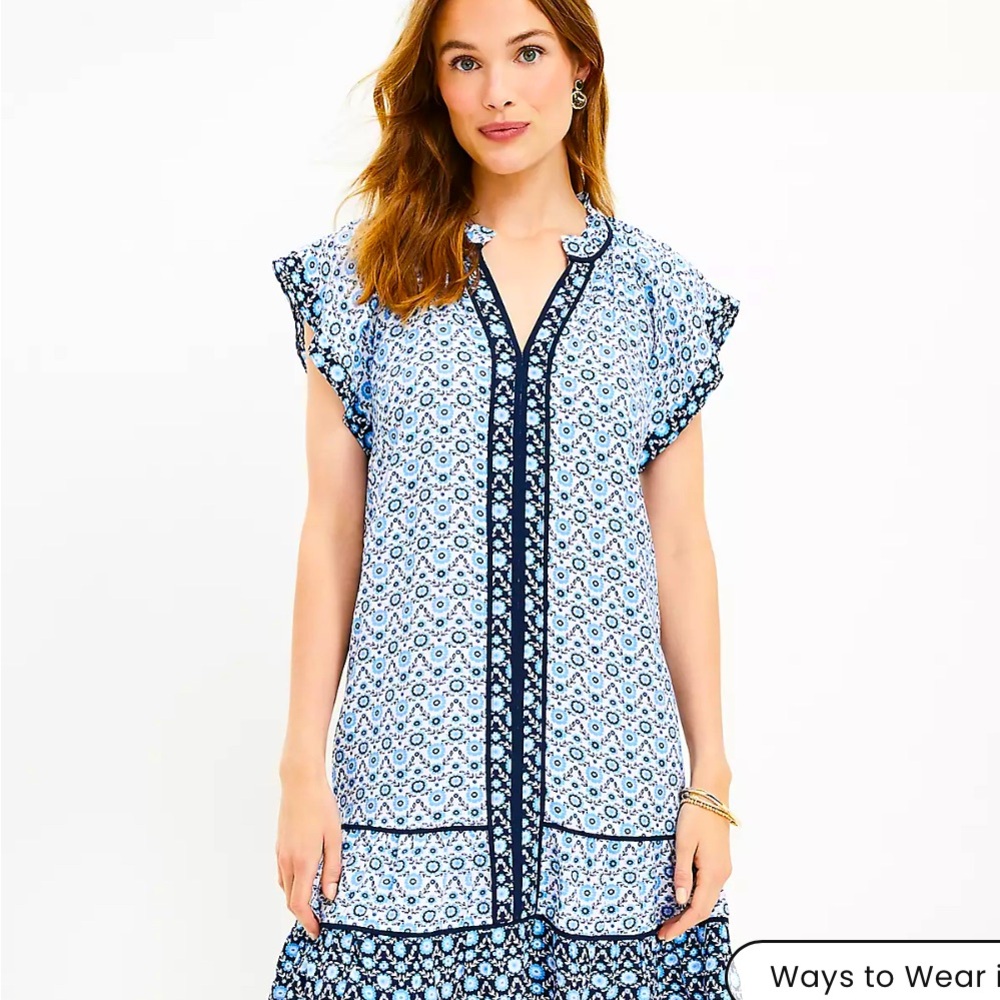 LOFT Floral Blue and White Ruffle Dress